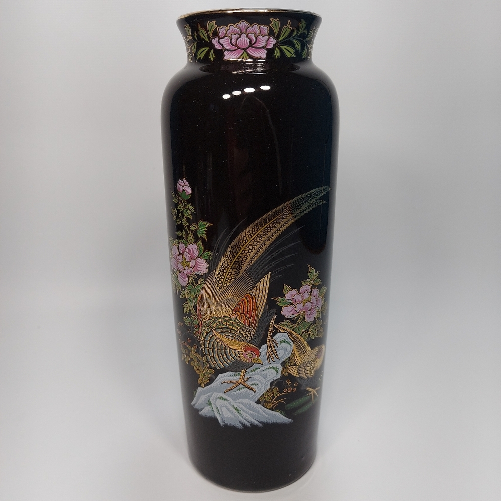 Vintage Tall Black Gold Vase Pheasant Bird Flowers Floral Japan Hand Painted